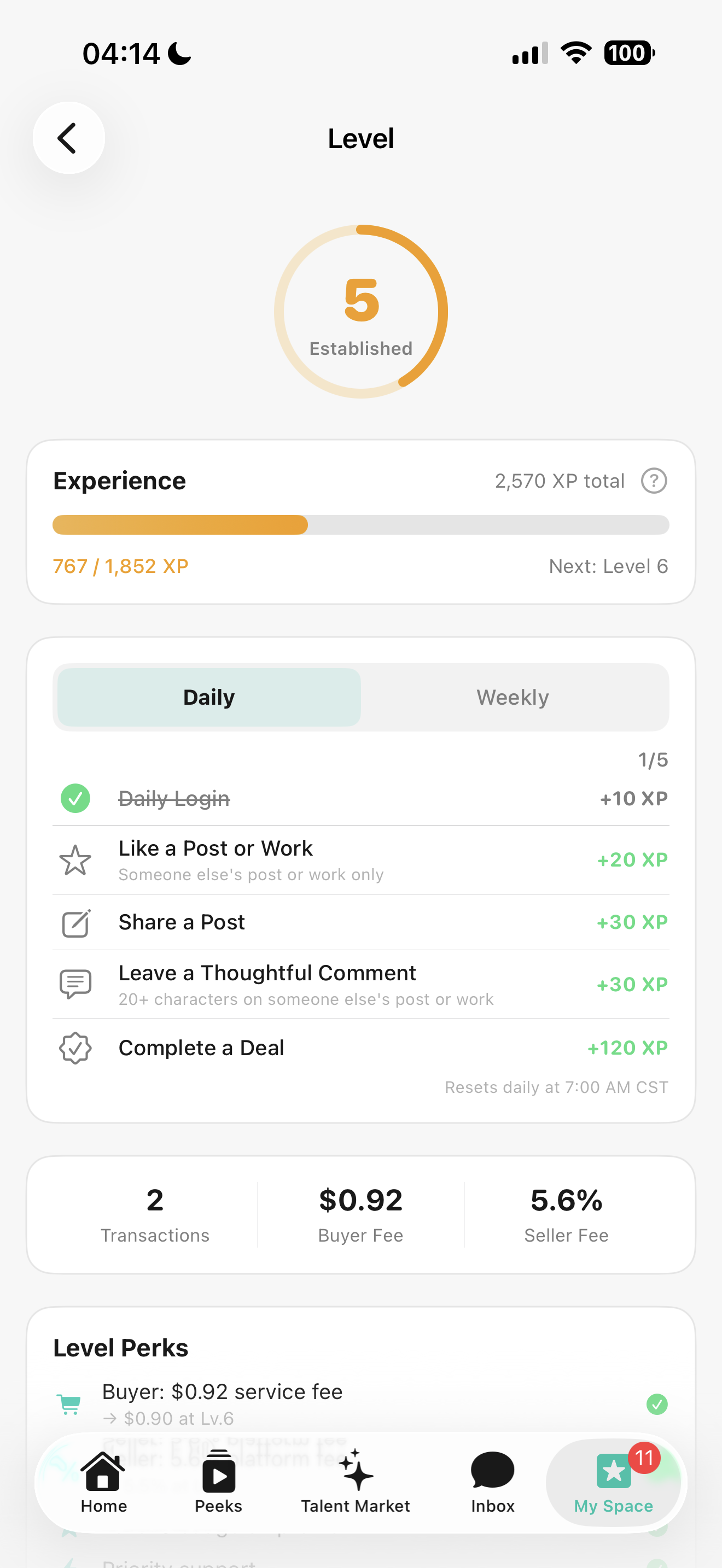 Talor quests and perks screen